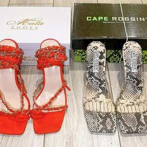 Bundle of 2 New Heels: Mata Red Chain Strappy & Cape Robbin Snake Print Clear Sa